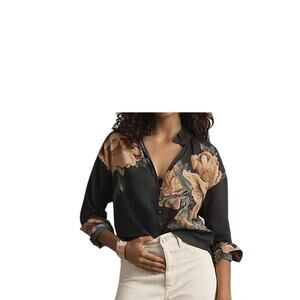 Pilcro Tavi Button-Down Floral Blouse Black Tan Yellow Size MP (Anthropologie)